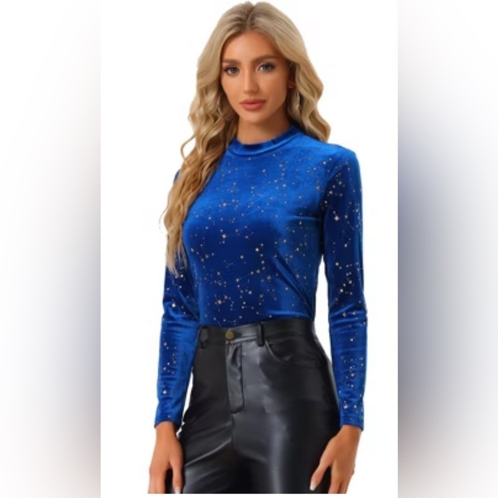 Allegra K Royal Blue Velvet Celestial Star Constellation Mock Neck Top Medium